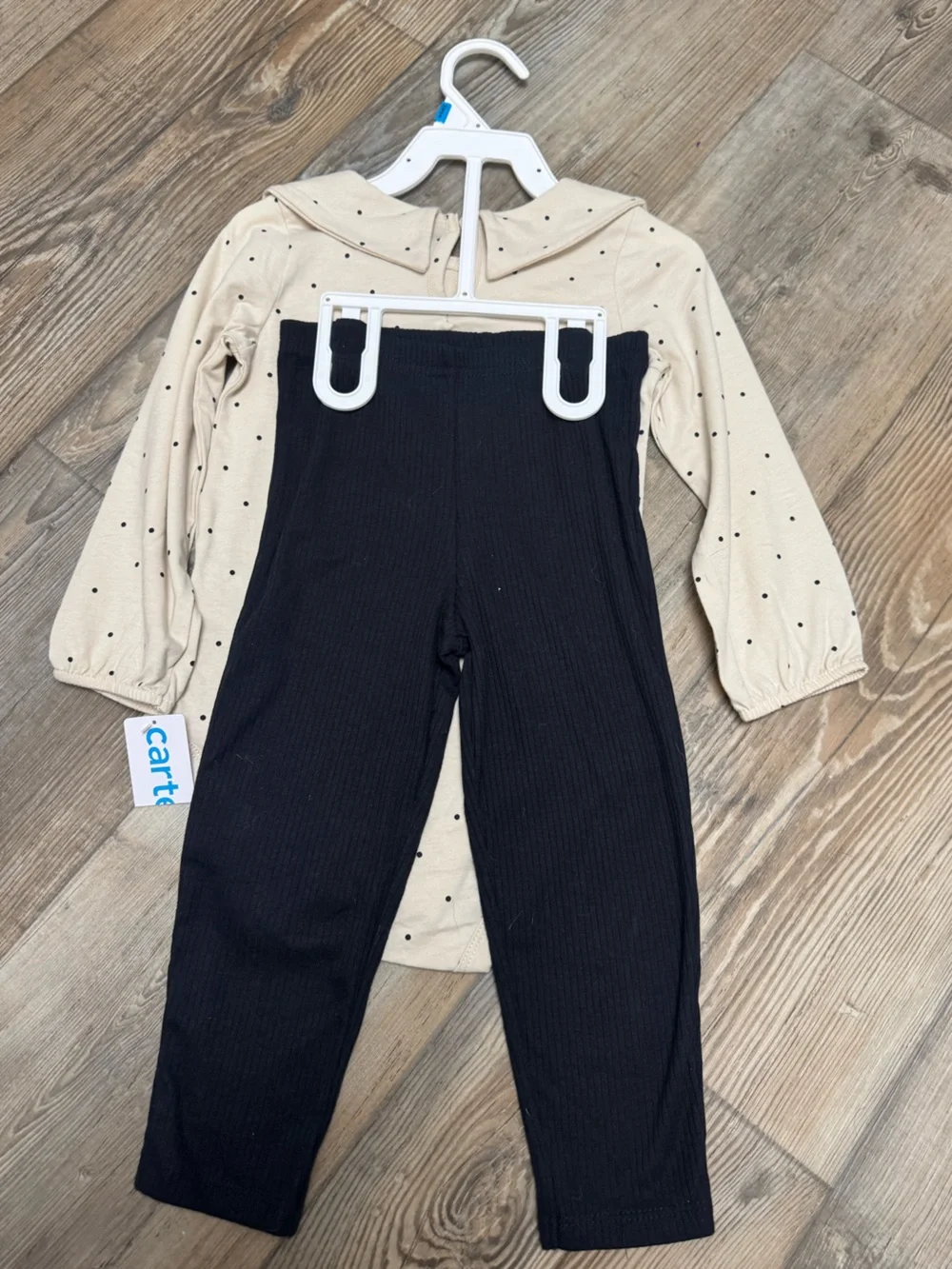 Cream Polka Dot Bow Baby Bodysuit & Black Ribbed Leggings Set